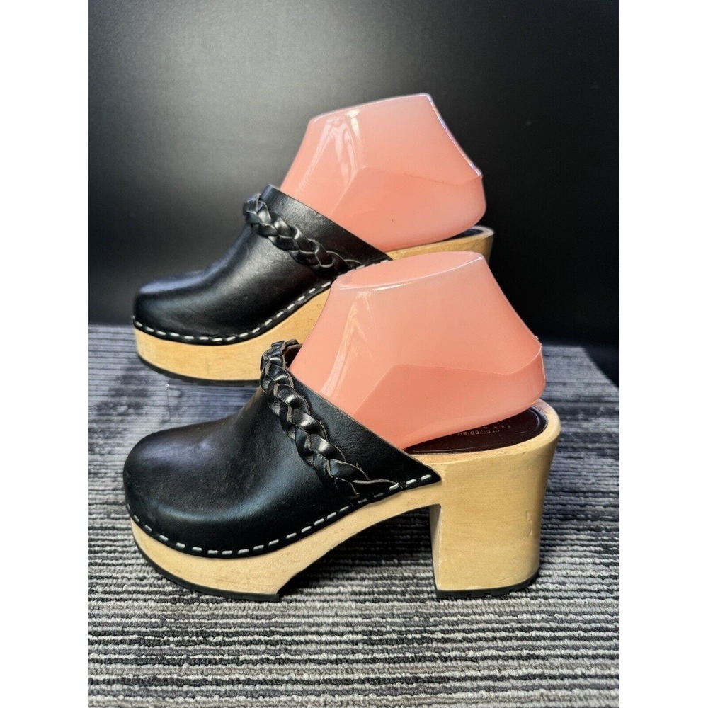 Anthropologie Black Leather Braided Clog Heels with Natural Wood Platform